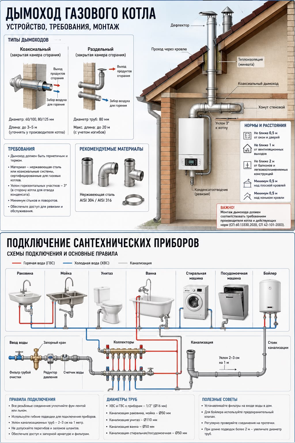 Дымоход газового котла и подключение сантехприборов