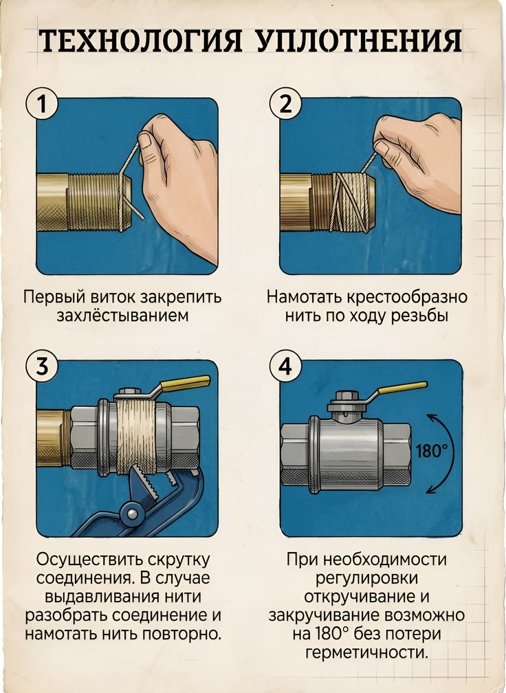 Намотка уплотнительной нити — технология уплотнения резьбы